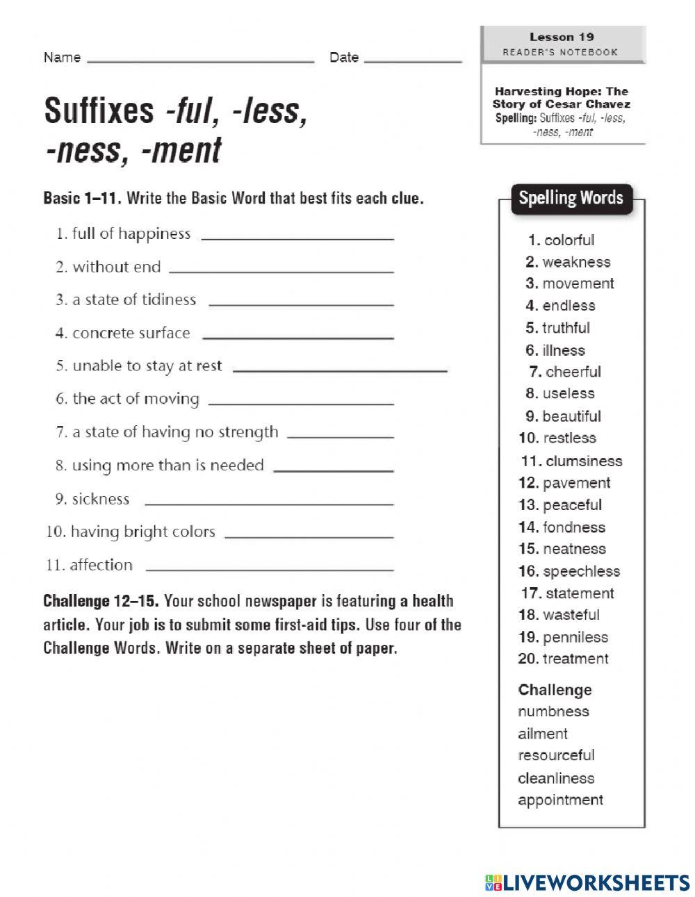 Suffixes ness, less, ful and ment online exercise for Live Worksheets