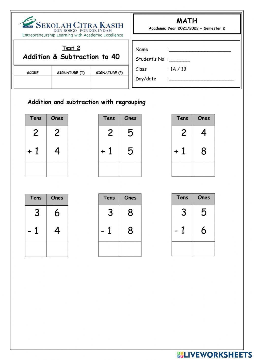 Math Test - More Addition and Subtraction