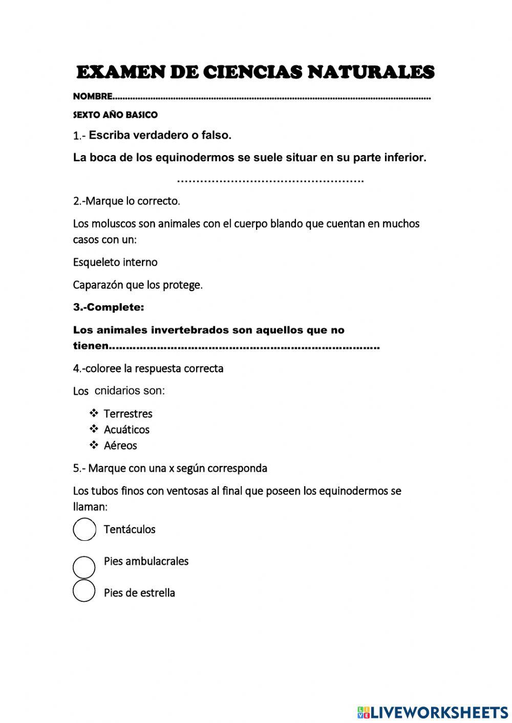 Examen de ciencia naturales