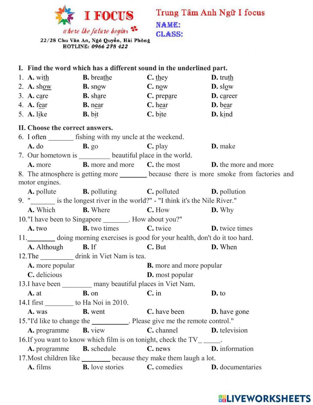 Lớp 6 Unit 789 … | Free Interactive Worksheets | 1930533