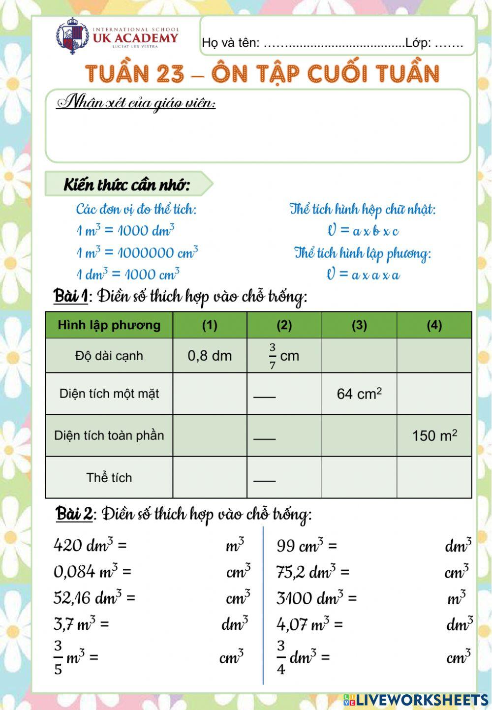 Toán 5 - Phiếu ôn cuối tuần 23 Toán 5 - Phiếu ôn cuối tuần 23