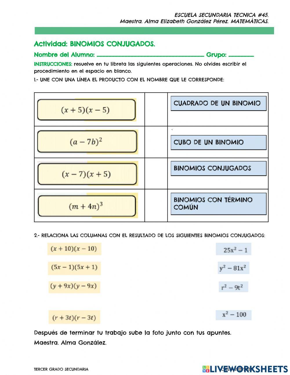 Actividad binomios conjugados