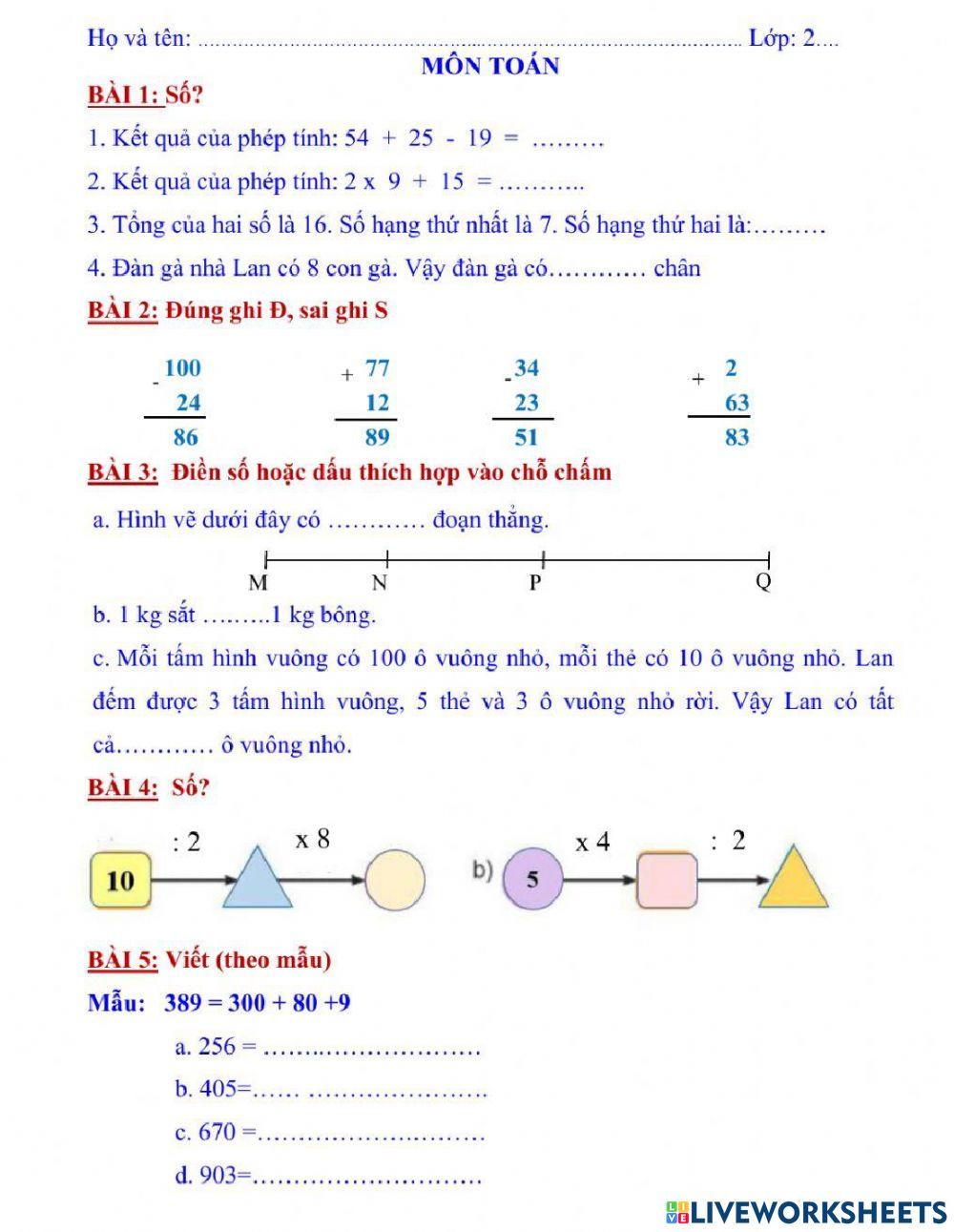 Ôn tập Toán lớp 2