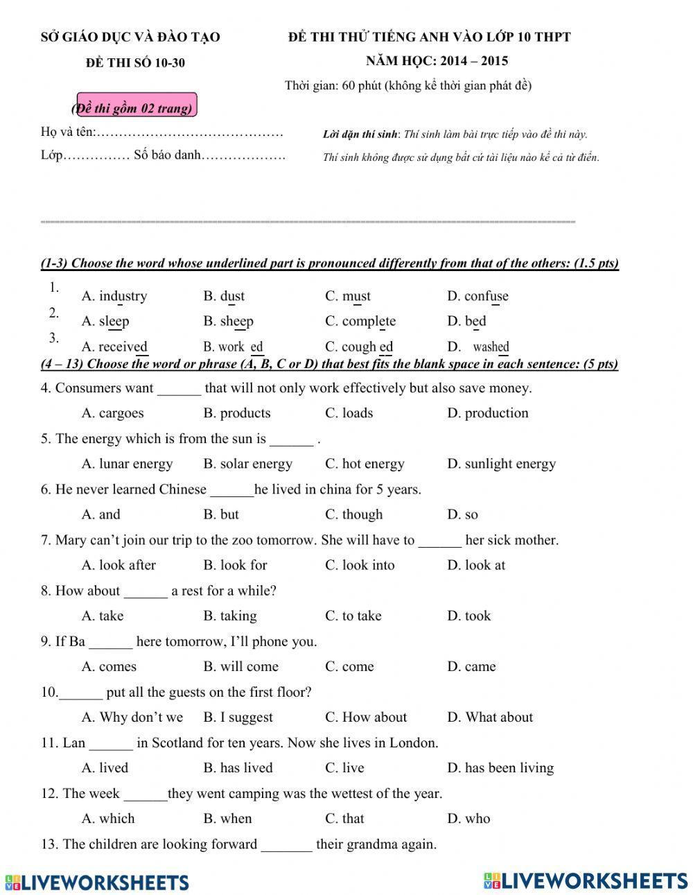 Đề thi vào 10 - T1