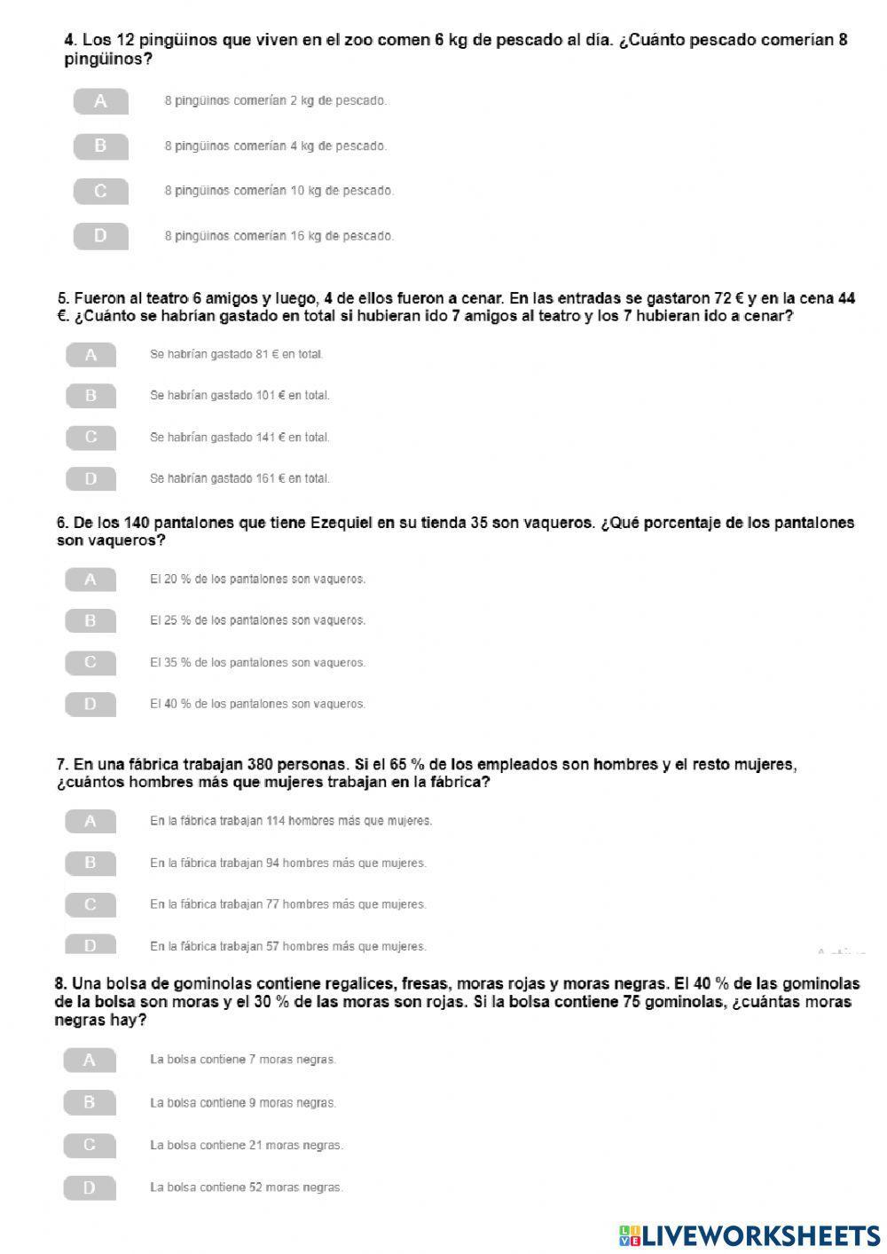 TEST Proporcionalidad, porcentajes y escalas TEST Proporcionalidad, porcentajes y escalas
