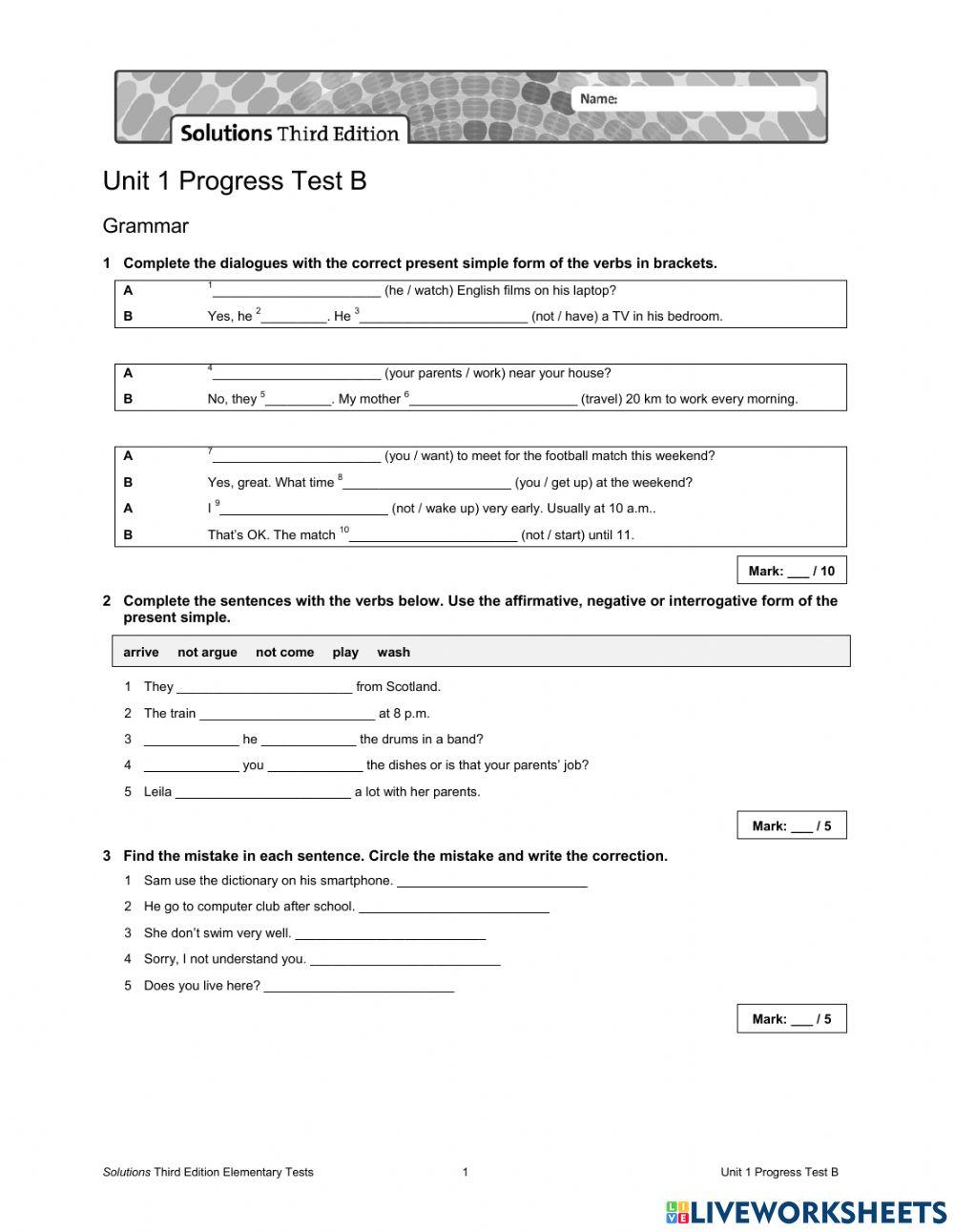 Solutions Elementary TEST B unit 1 online exercise for | Live Worksheets