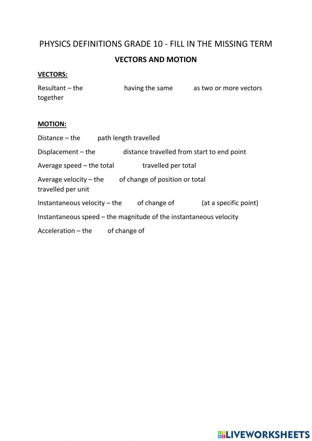 Grade 10 vectors and motion definitions worksheet live worksheets