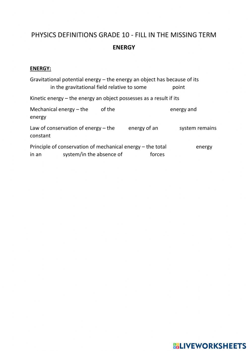 Grade 10 Energy Definitions