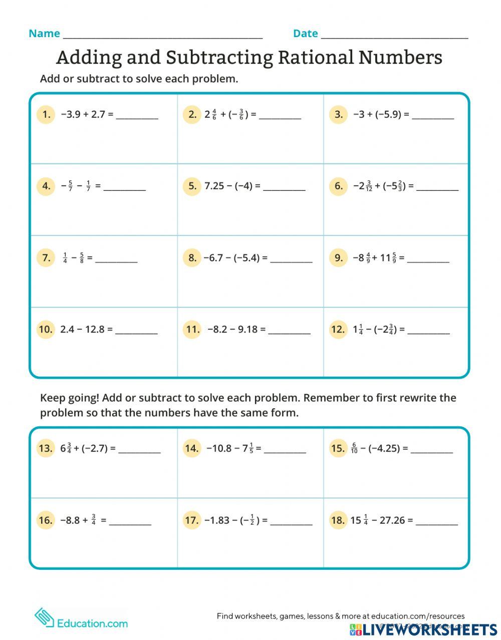 add and subtract rational numbers online exercise for | Live Worksheets