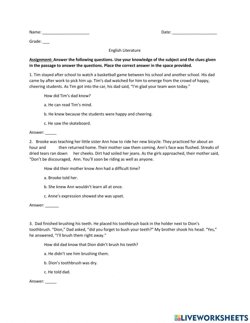 Making Inferences free exercise Live Worksheets