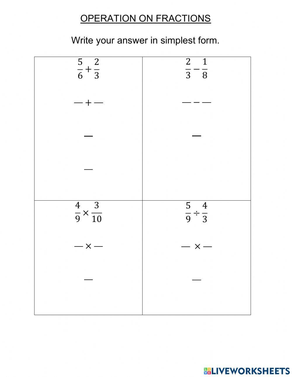 Operation of fraction online exercise for | Live Worksheets