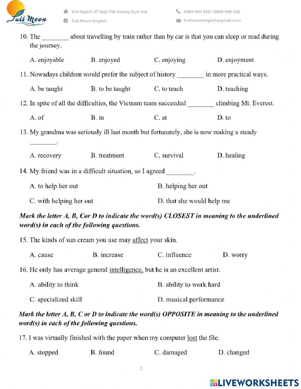 Đề thi vào 10. Practice Test 10