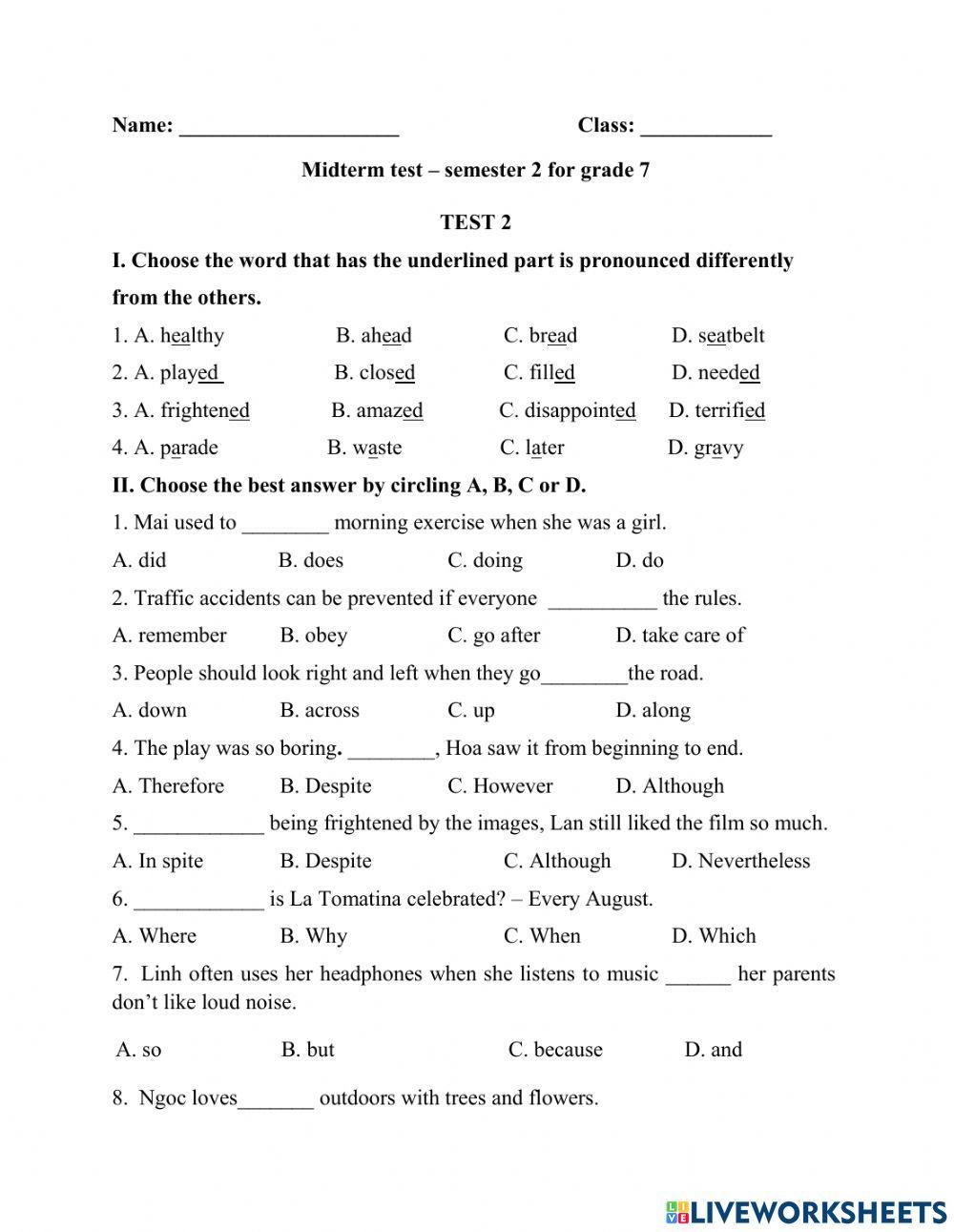 Midterm test 2 – semester 2 for grade 7