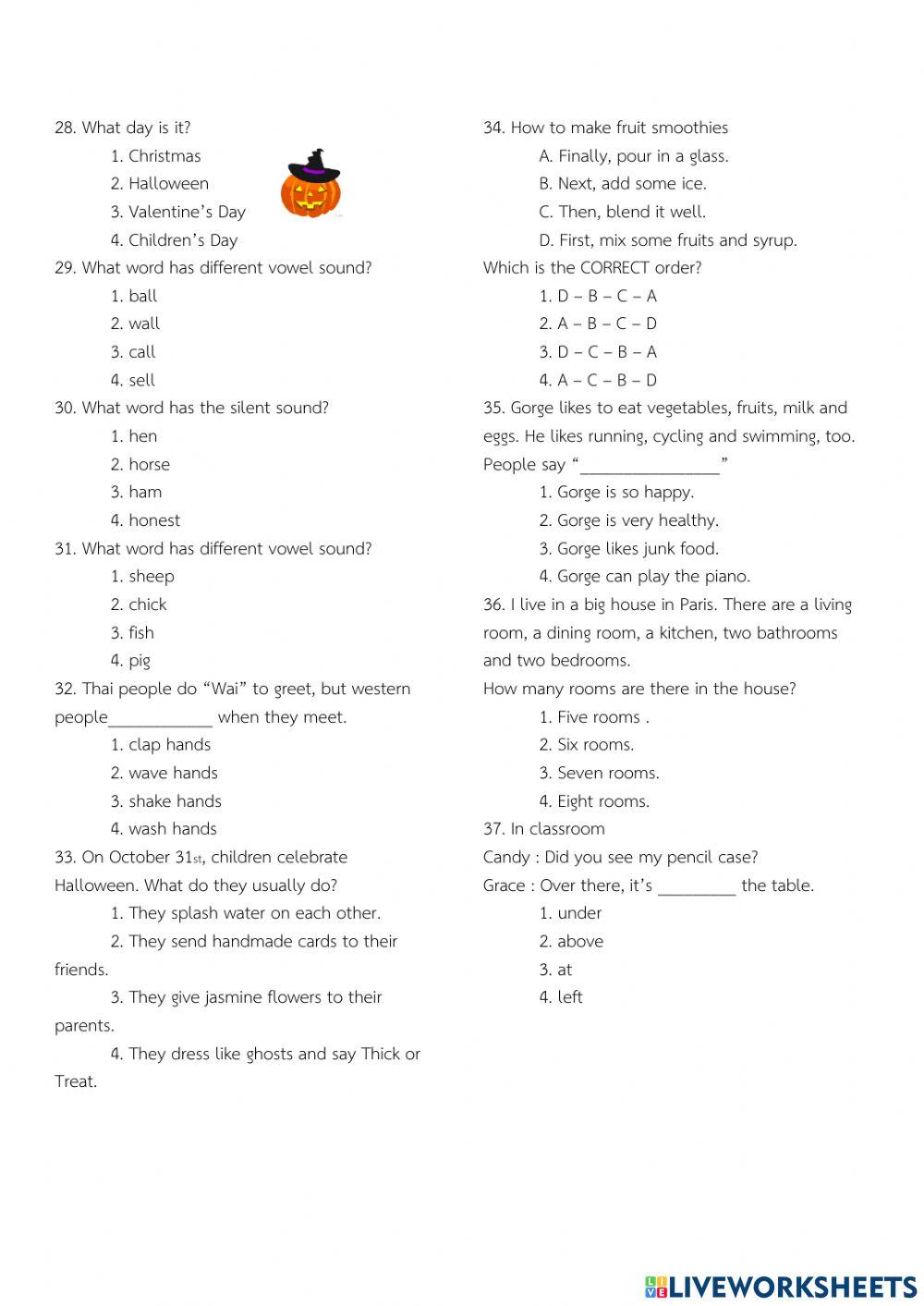 แบบทดสอบวิชาภาษาอังกฤษ ชั้น ป.4