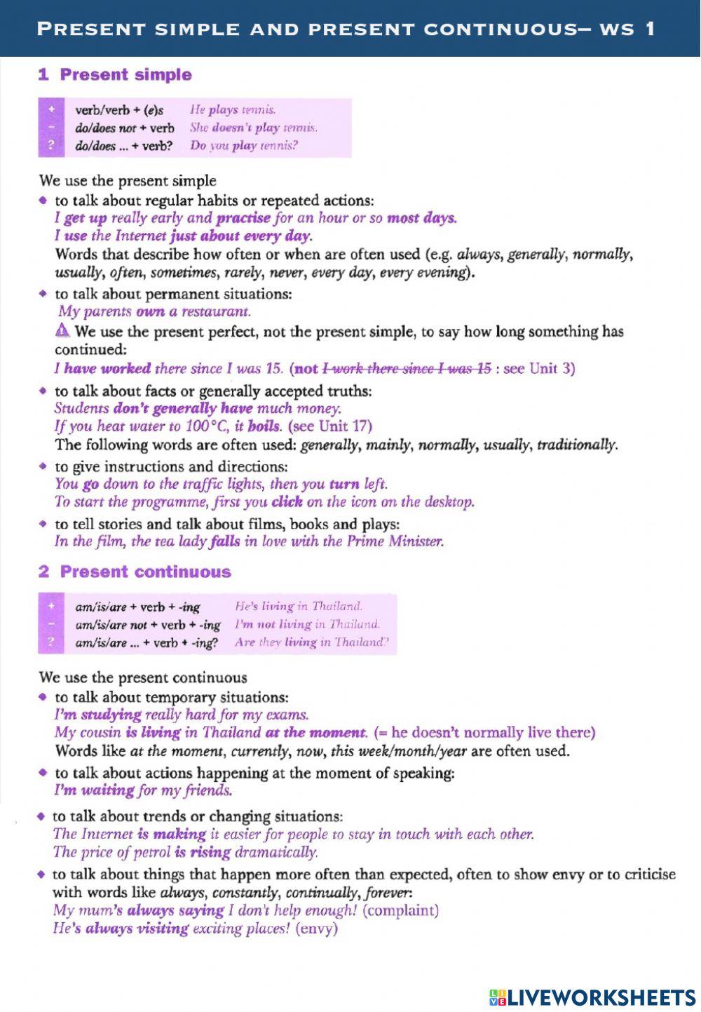 Present simple & continuous ws1