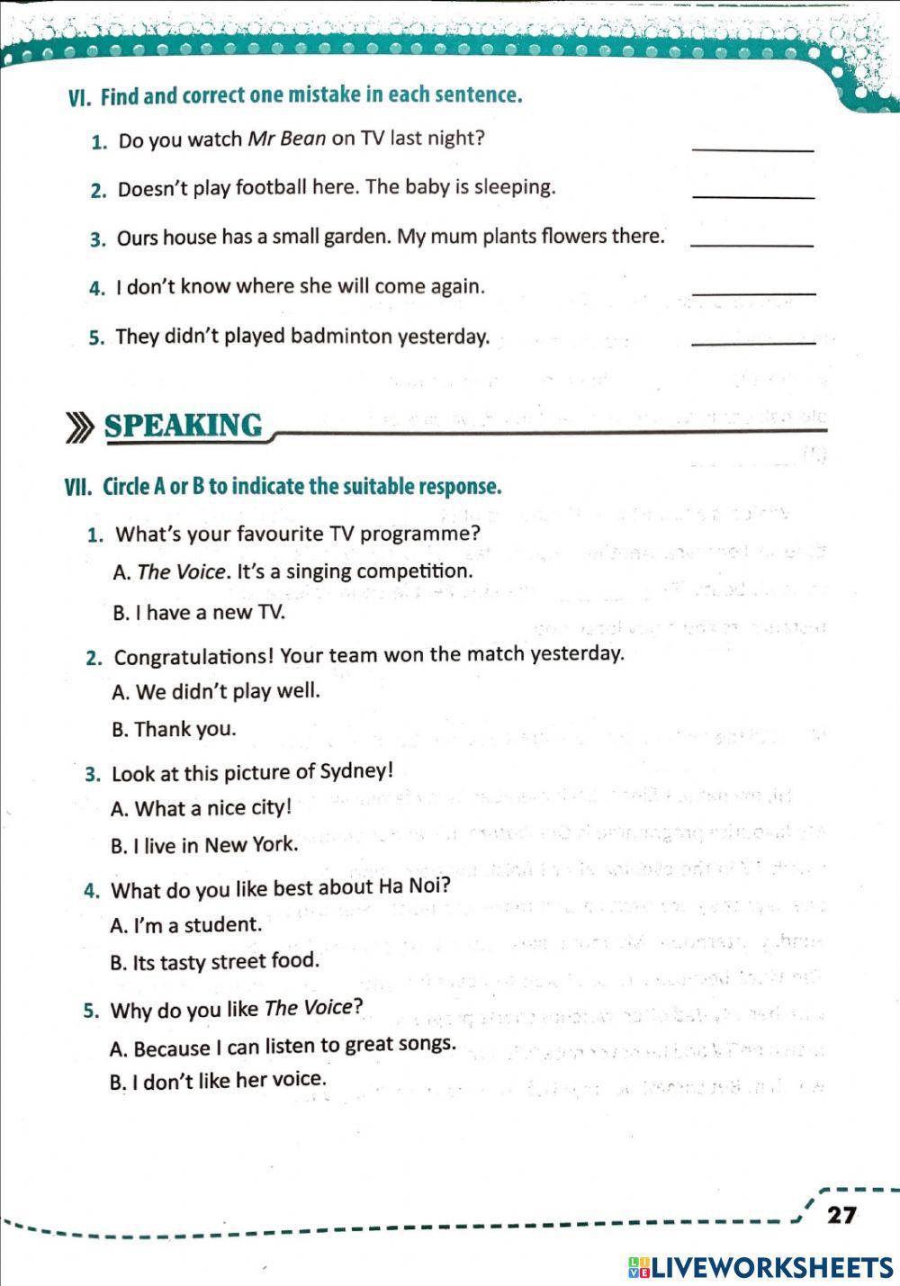 Tiếng Anh 6 - Ôn tập giữa kì 2