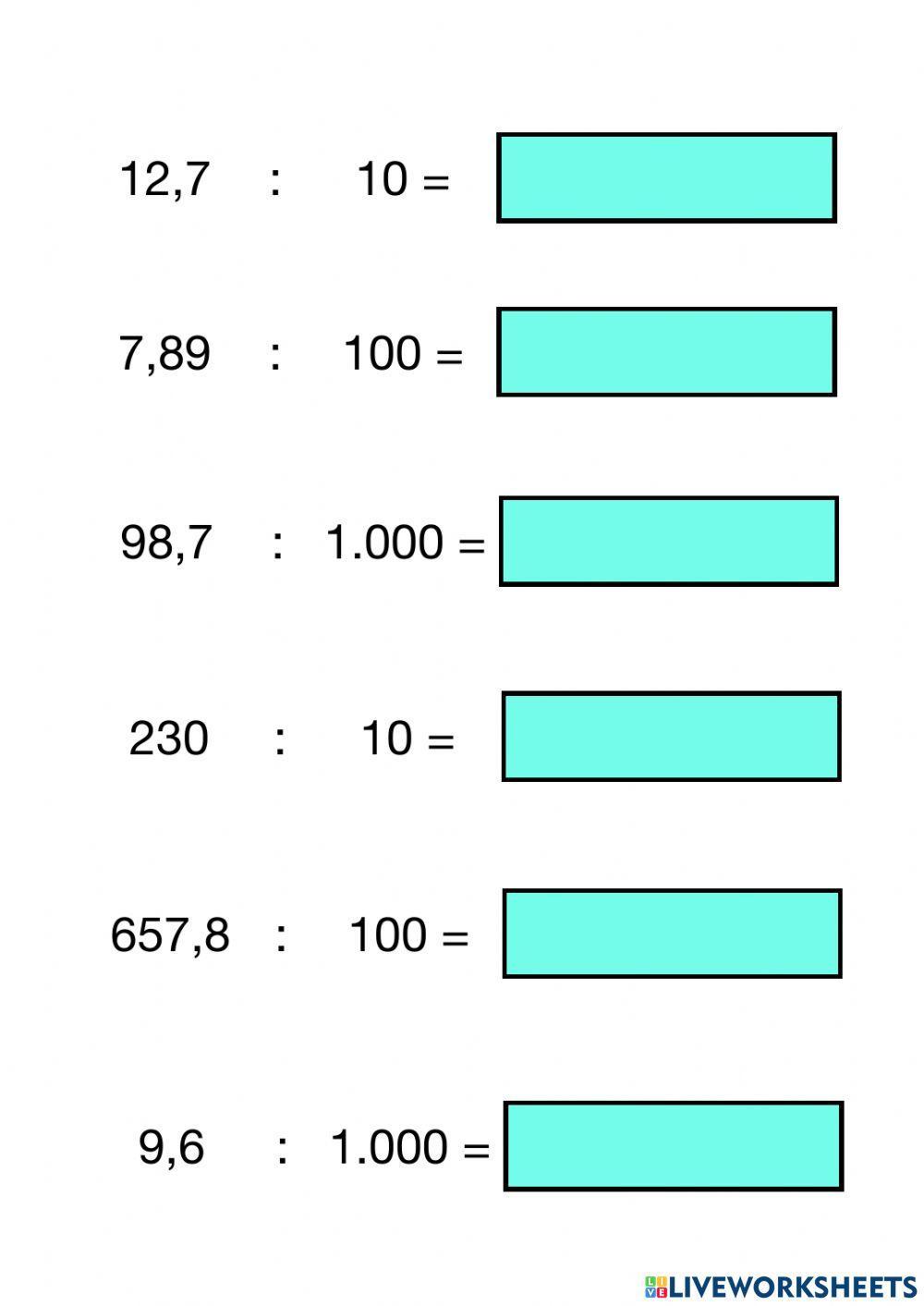 Multipliucar i dividir decimals per 10, 100 i 1.000