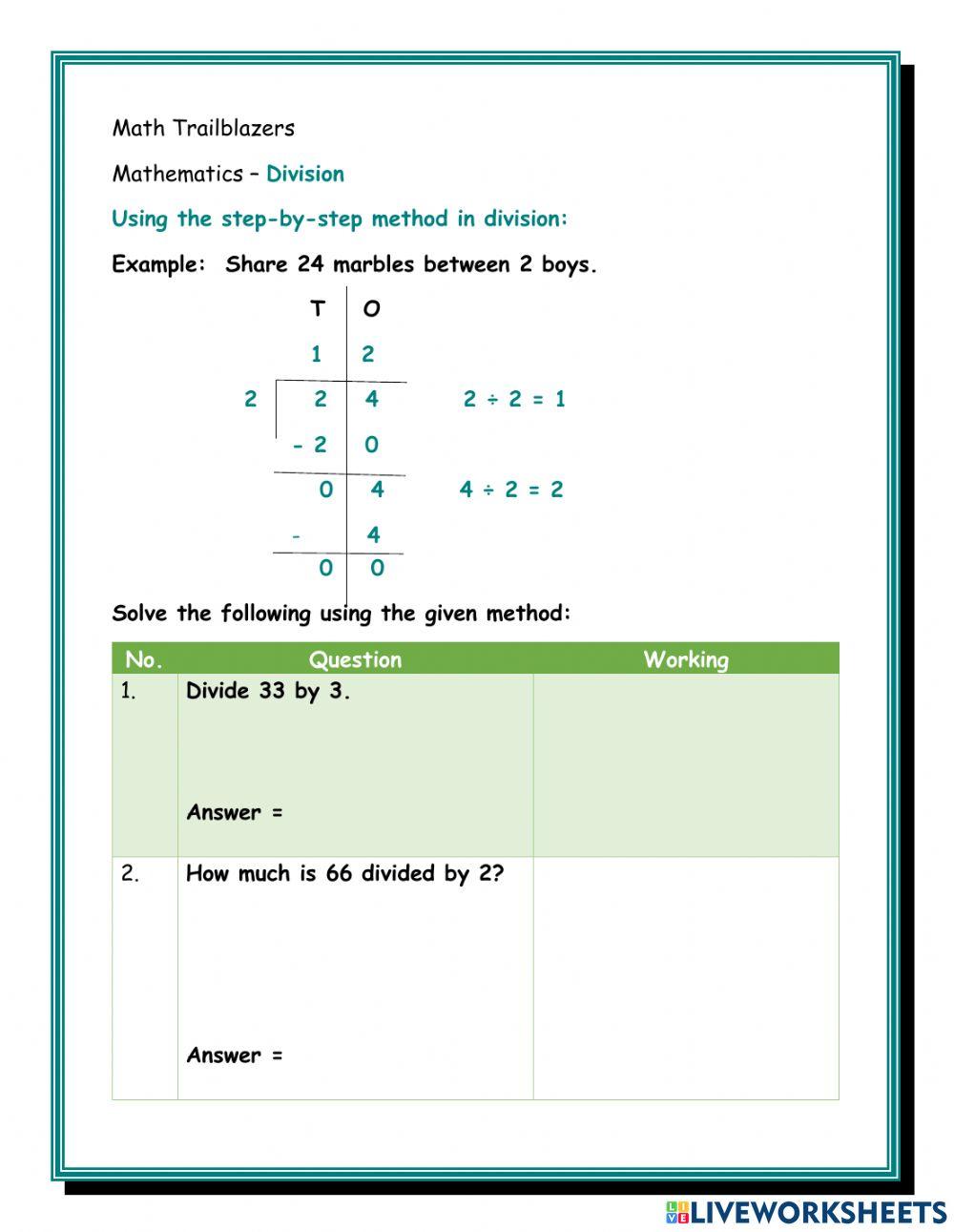 Division Algorithm worksheet | Live Worksheets