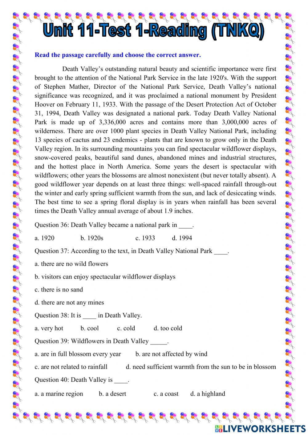 Unit 11 test 1 reading tnkq online exercise for live worksheets