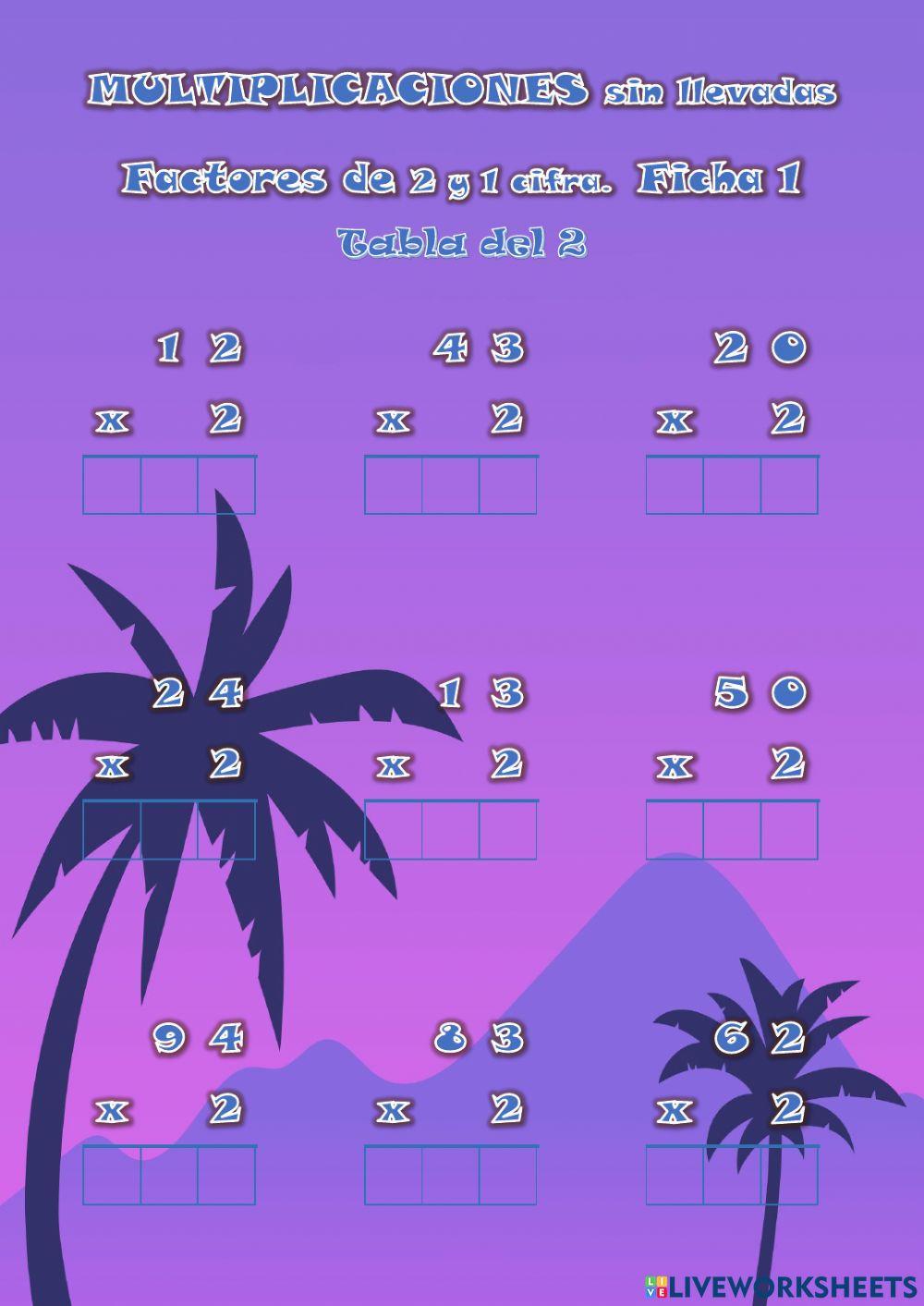 MULTIPLICACIONES sin llevadas 2 cifras x 2. Ficha 1