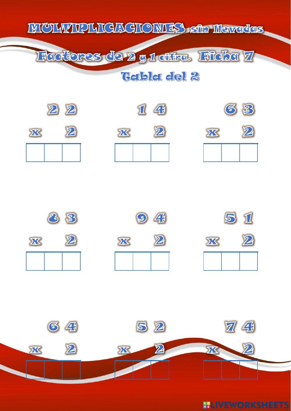 MULTIPLICACIONES sin llevadas 2 cifras x 2. Ficha 7