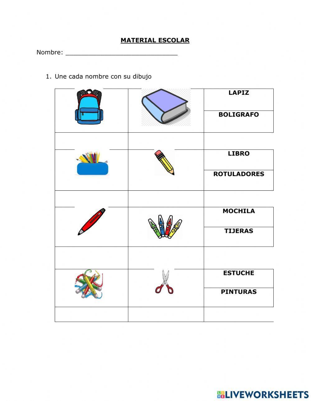 Vocabulario material escolar worksheet