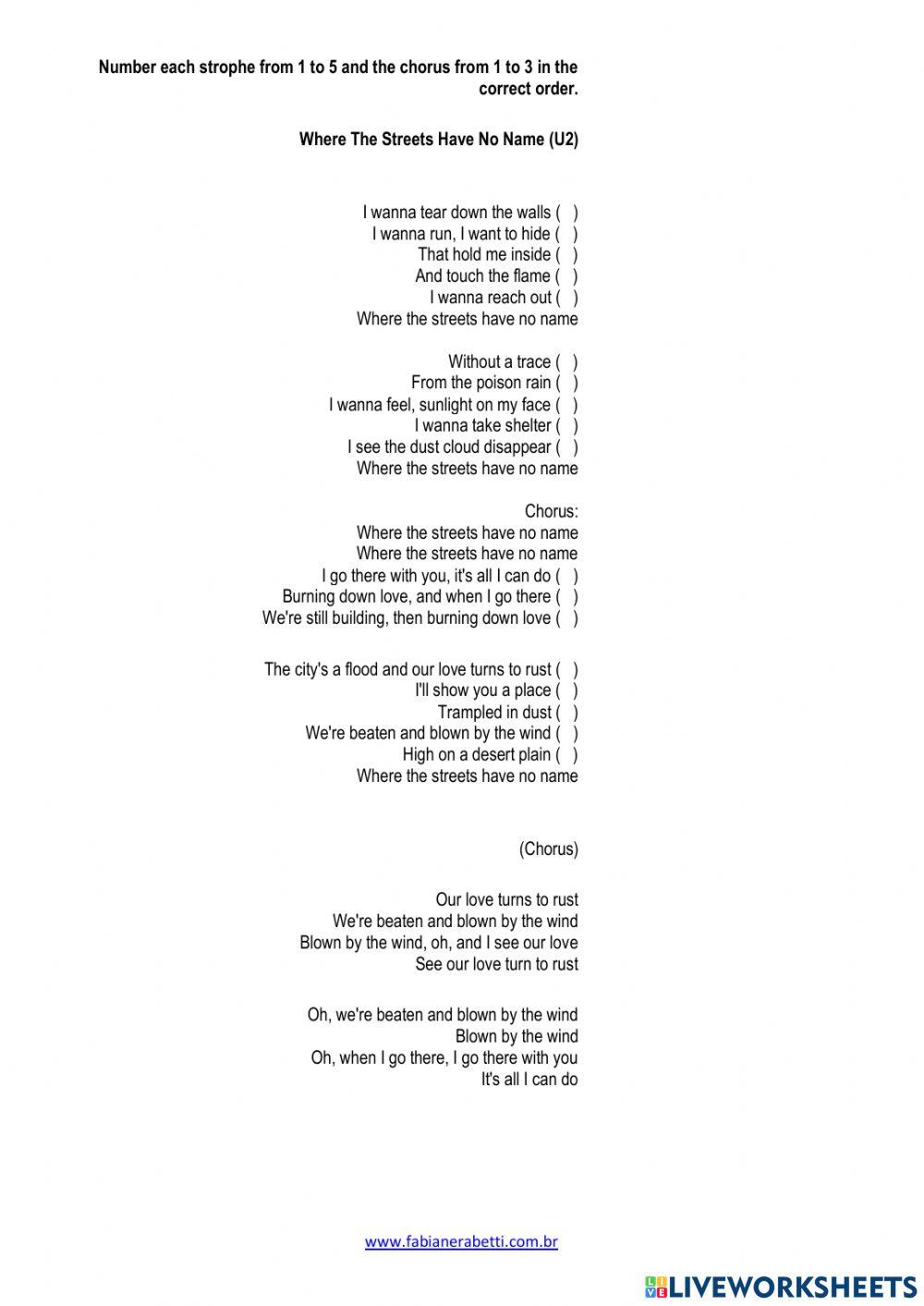 Where the streets have no name u2 worksheet live worksheets