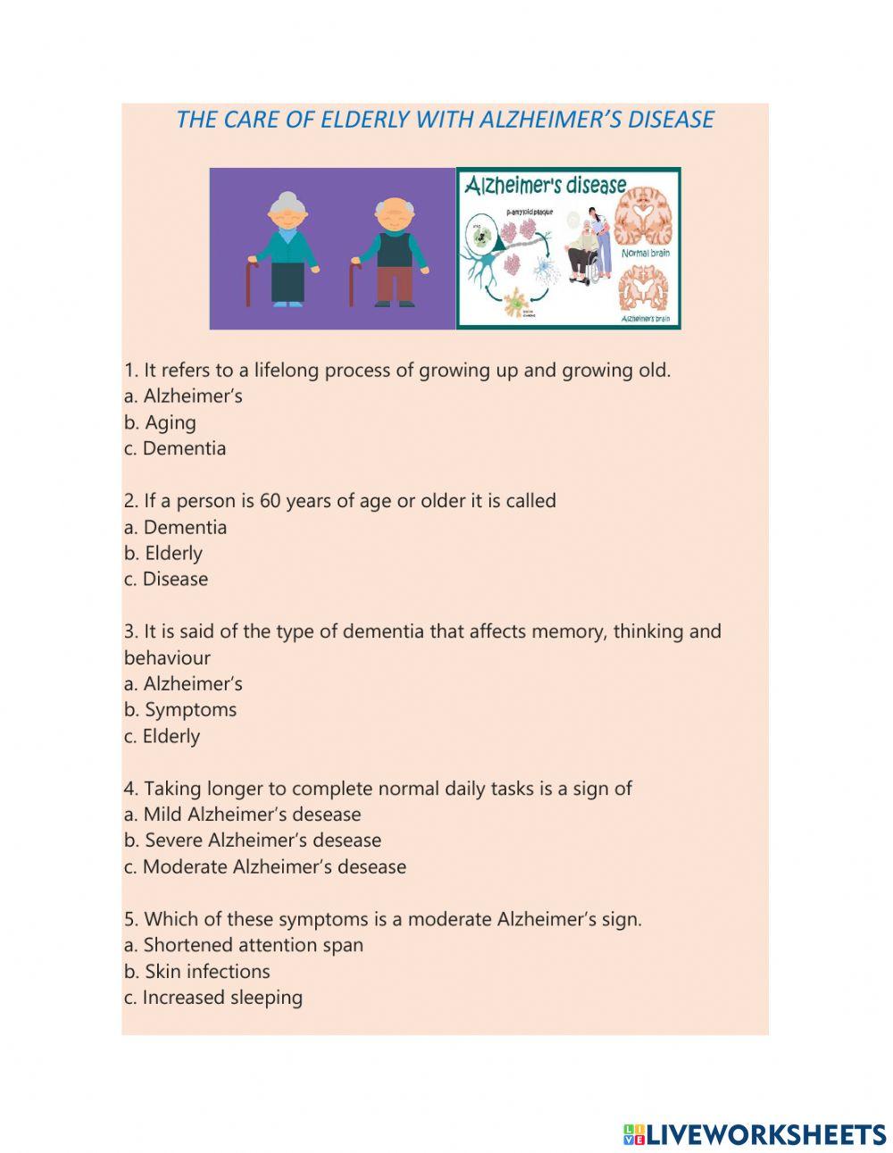 THE CARE OF ELDERLY WITH ALZHEIMER S DISEASE worksheet Live Worksheets