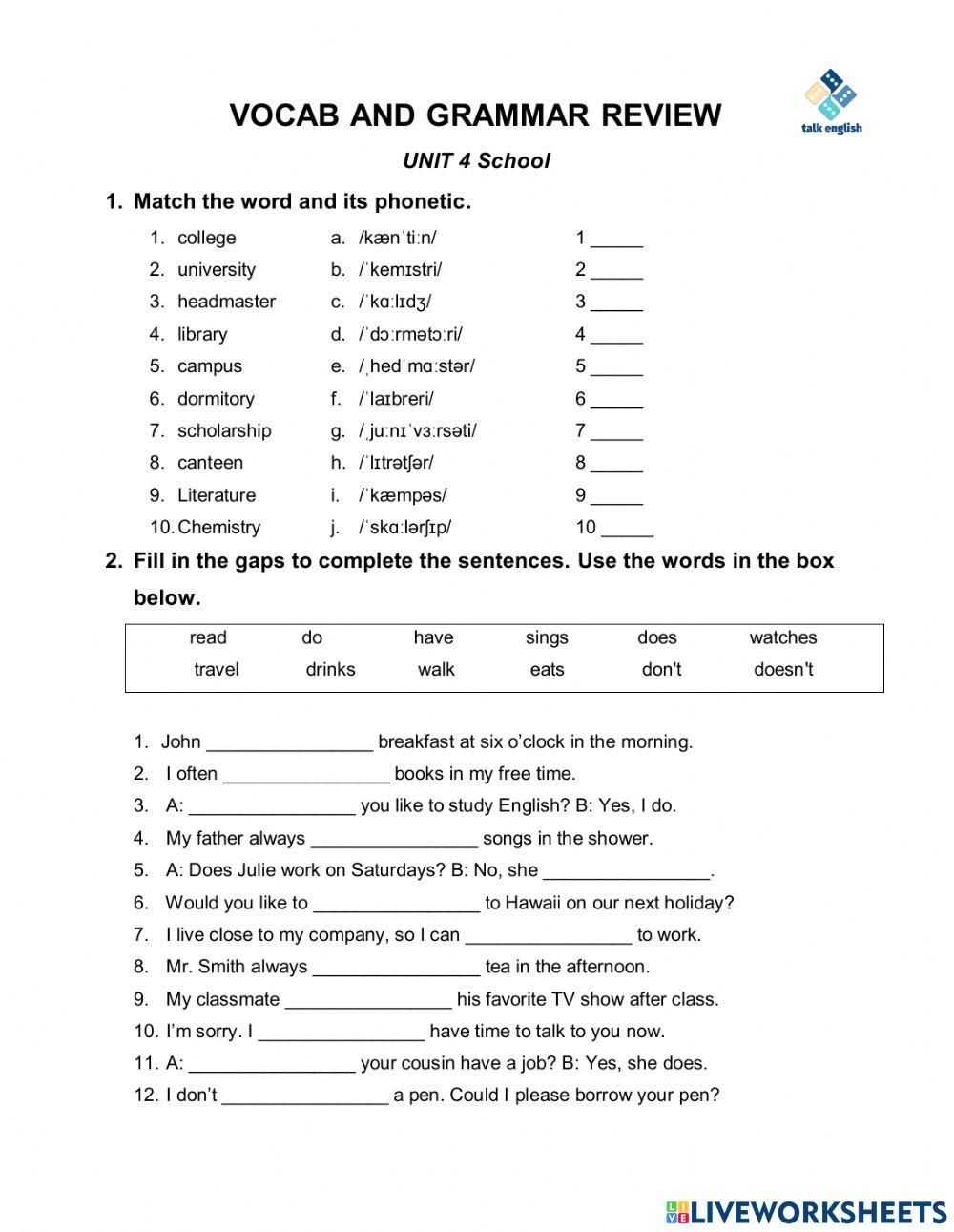 VOCAB AND GRAMMAR TEST U4-School