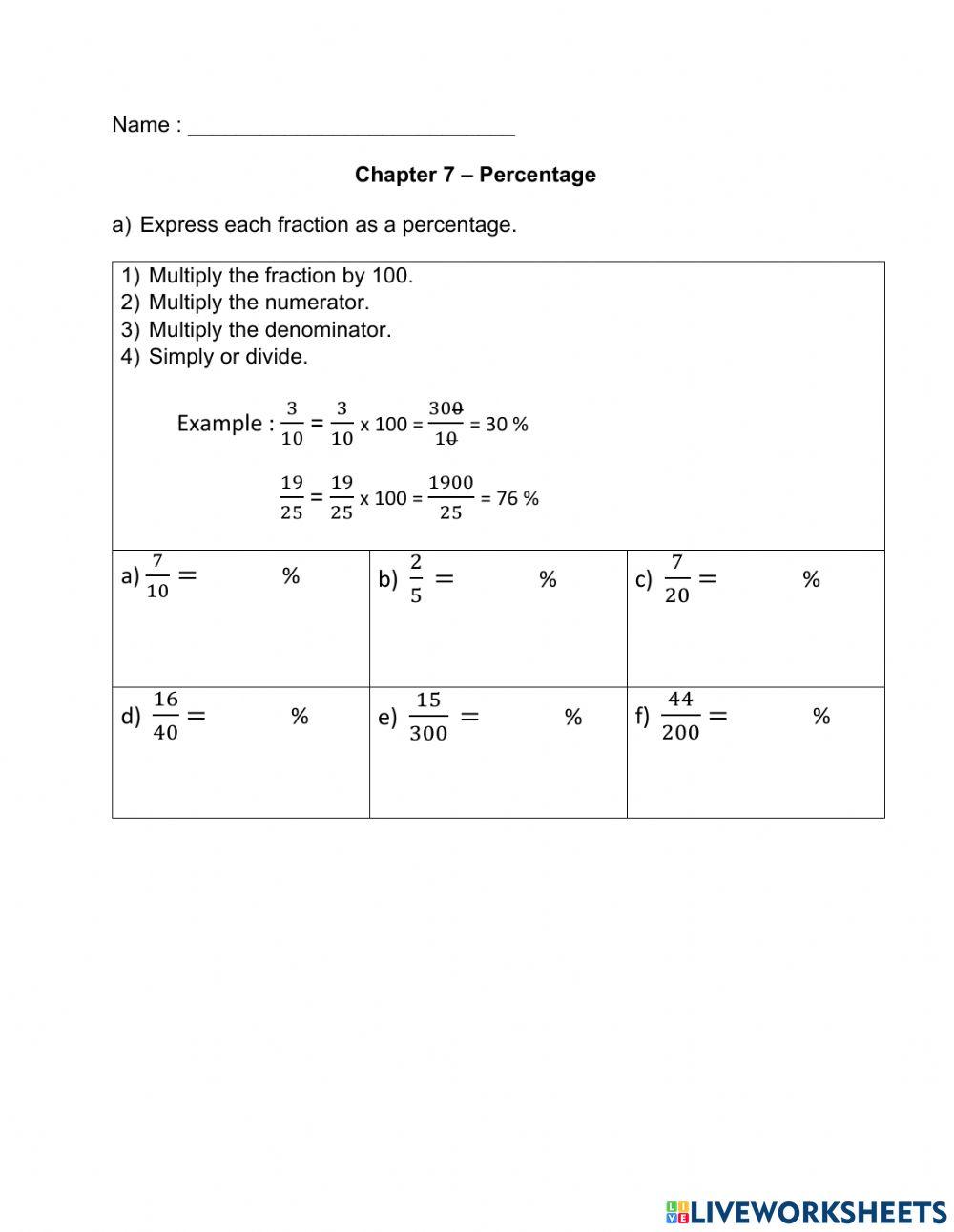 Fraction and decimal to percentage worksheet live worksheets