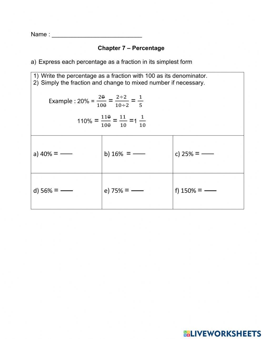 Percentage to Fraction and Decimal worksheet | Live Worksheets