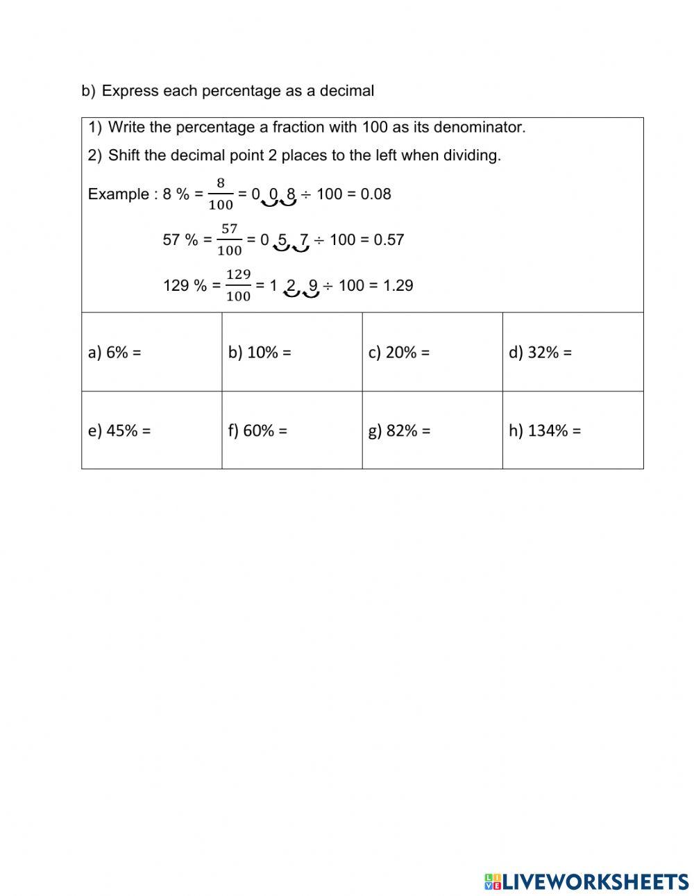 Percentage to Fraction and Decimal worksheet | Live Worksheets