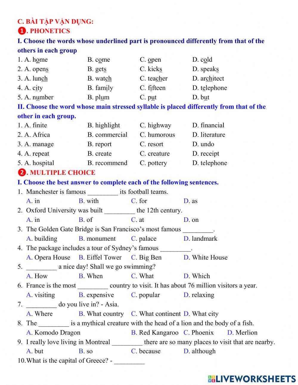 Tieng anh 6 unit 9 online exercise for live worksheets
