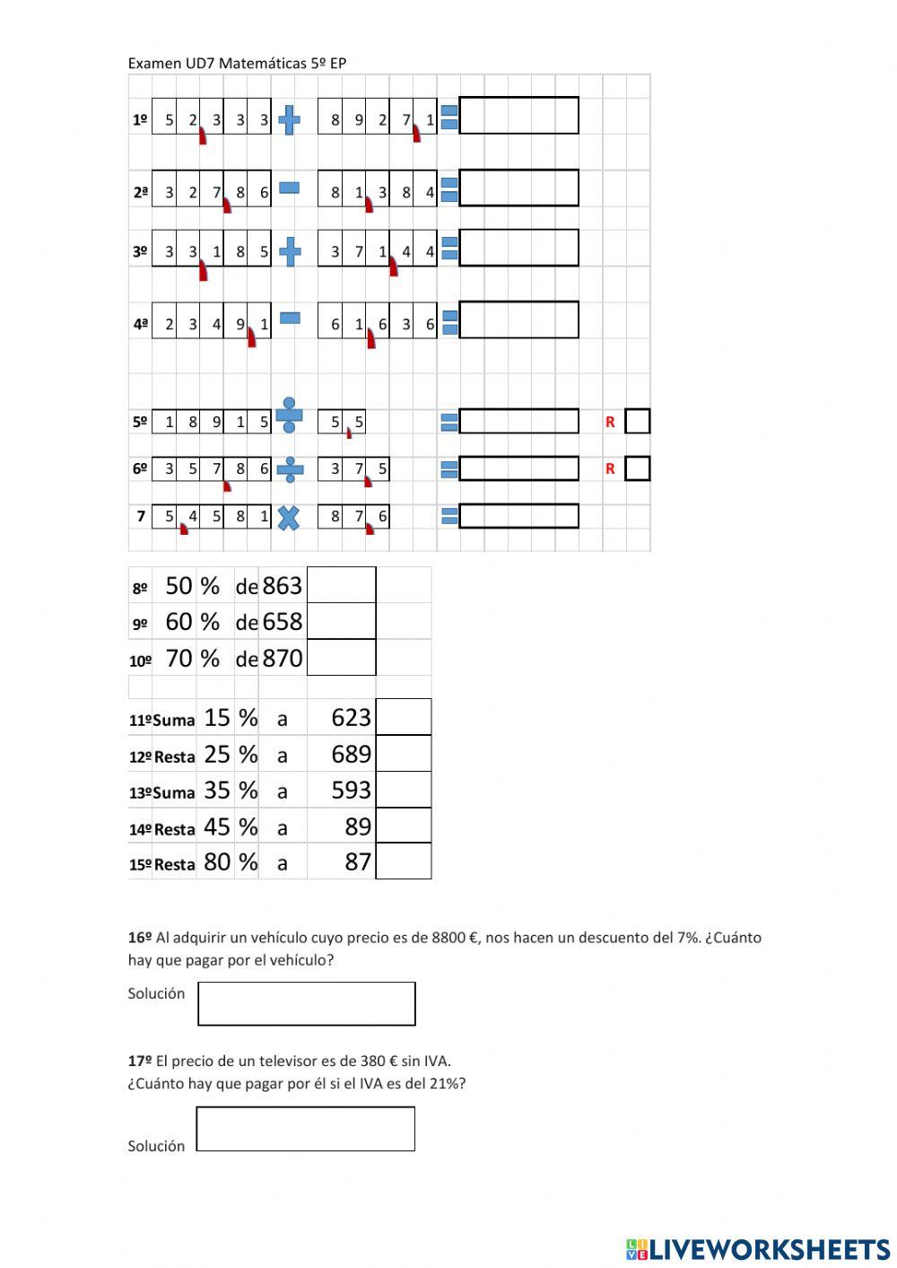 Cuanto Es 2 A La 7 Examen ud 7 Decimales y porcentajes worksheet | Live Worksheets