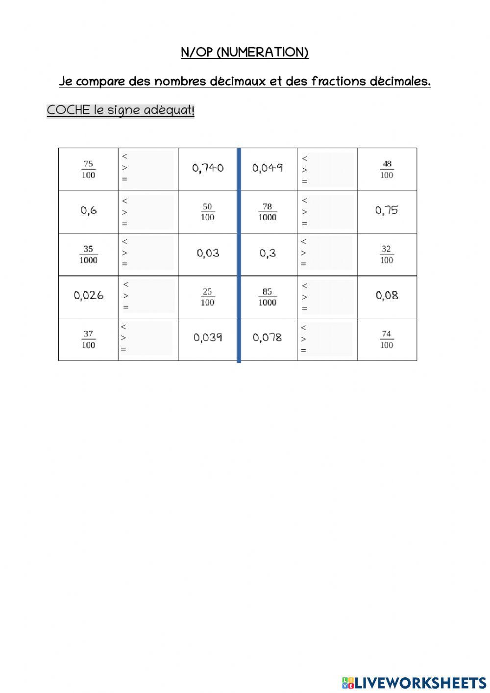 Je compare des nombres décimaux et des fractions décimales