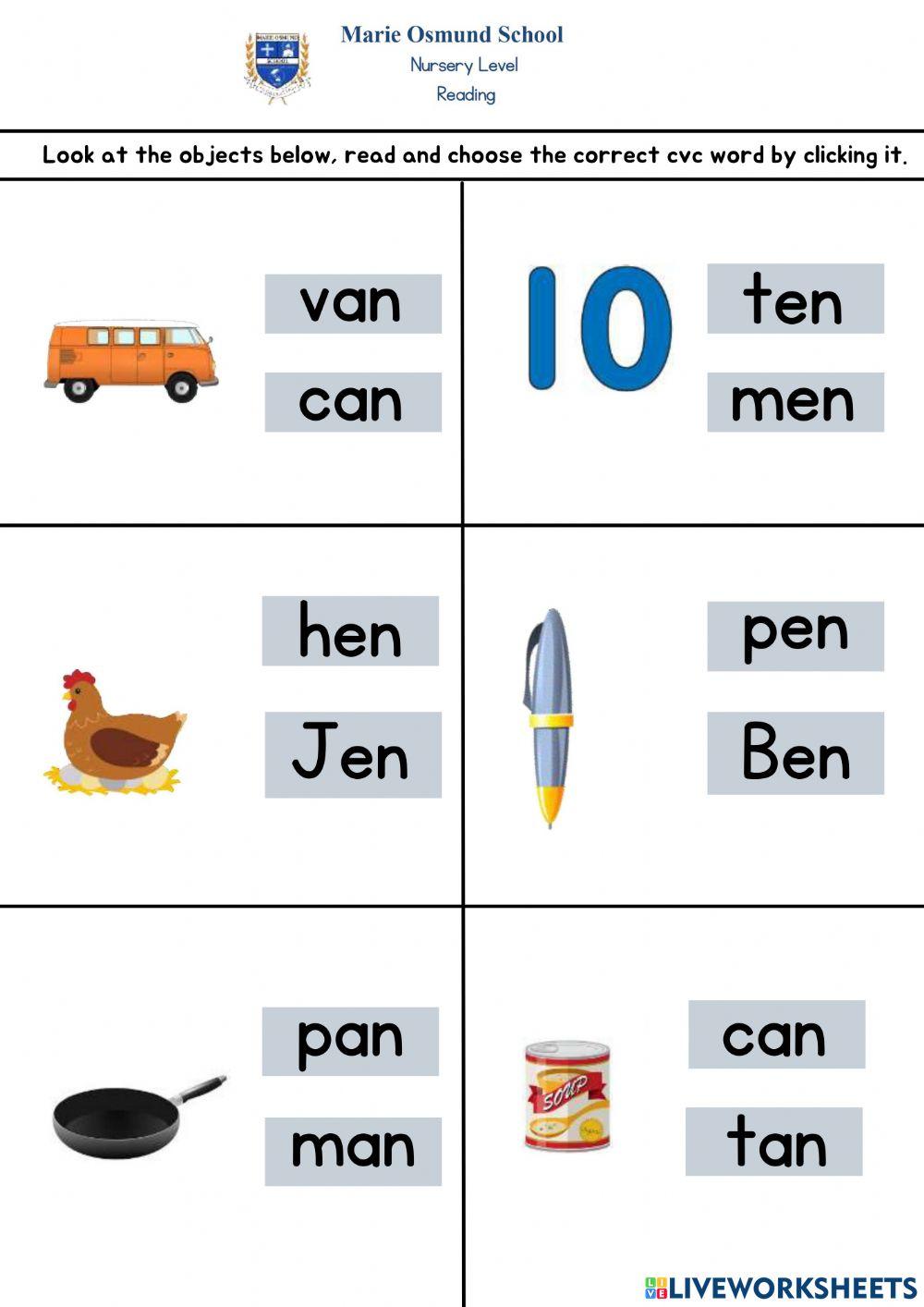 Reading Worksheet for Nursery Hope - March 14 