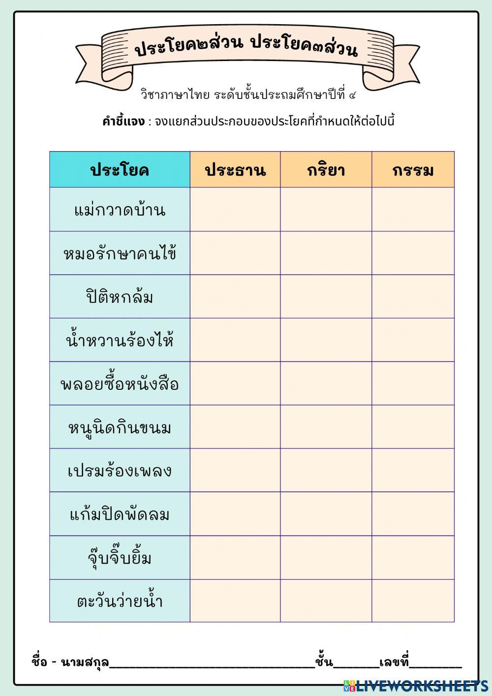 ใบงานประโยค ๒ ส่วน และประโยค ๓ ส่วน
