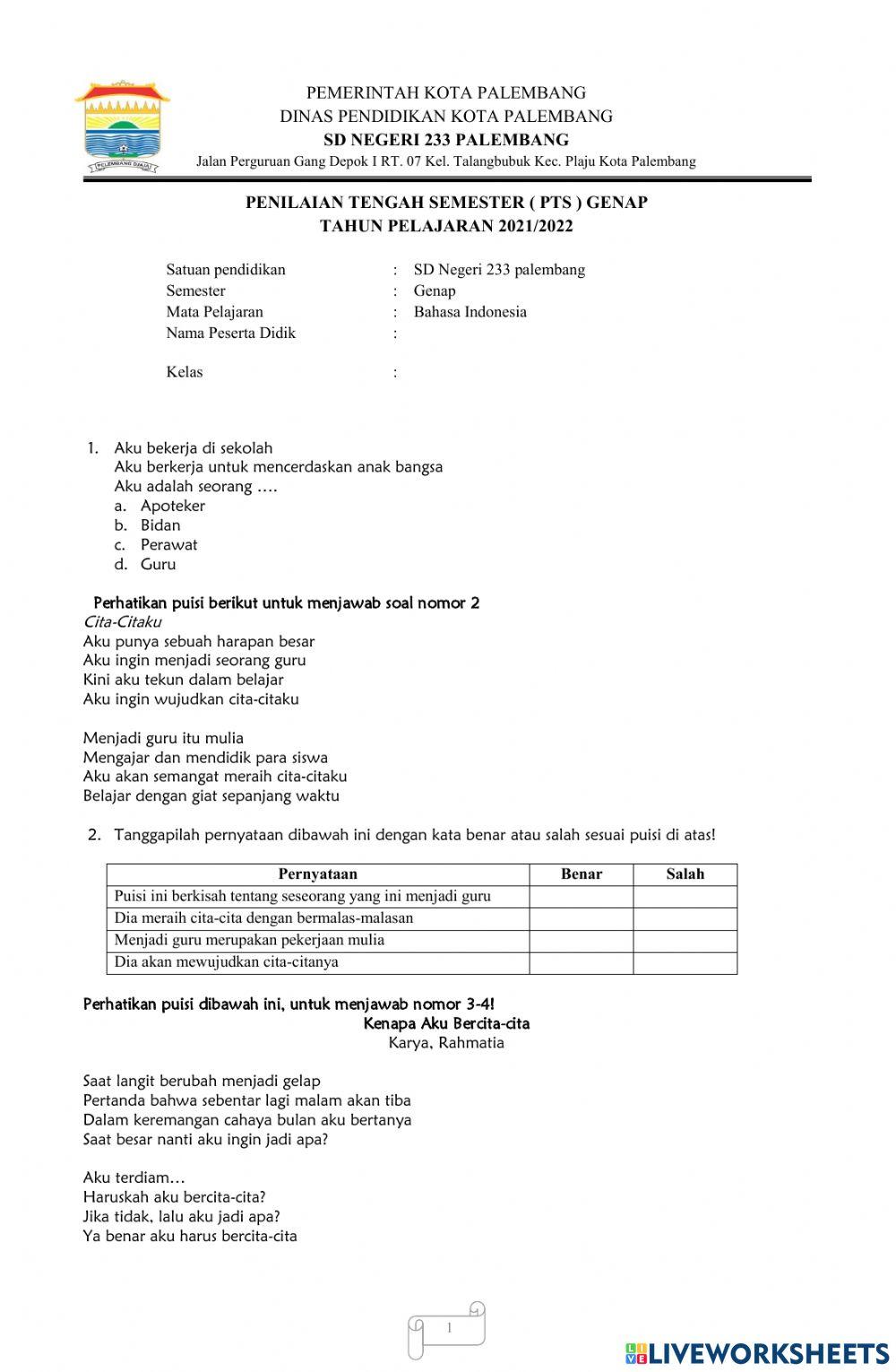 Pts bhs indo tema 6 dan tema 7 kelas 4