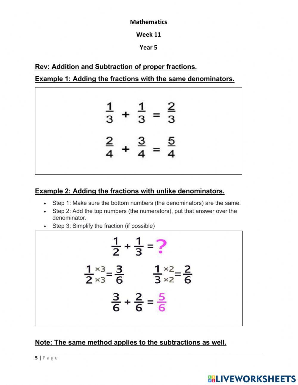 Addition and Subtraction of Mixed Numbers