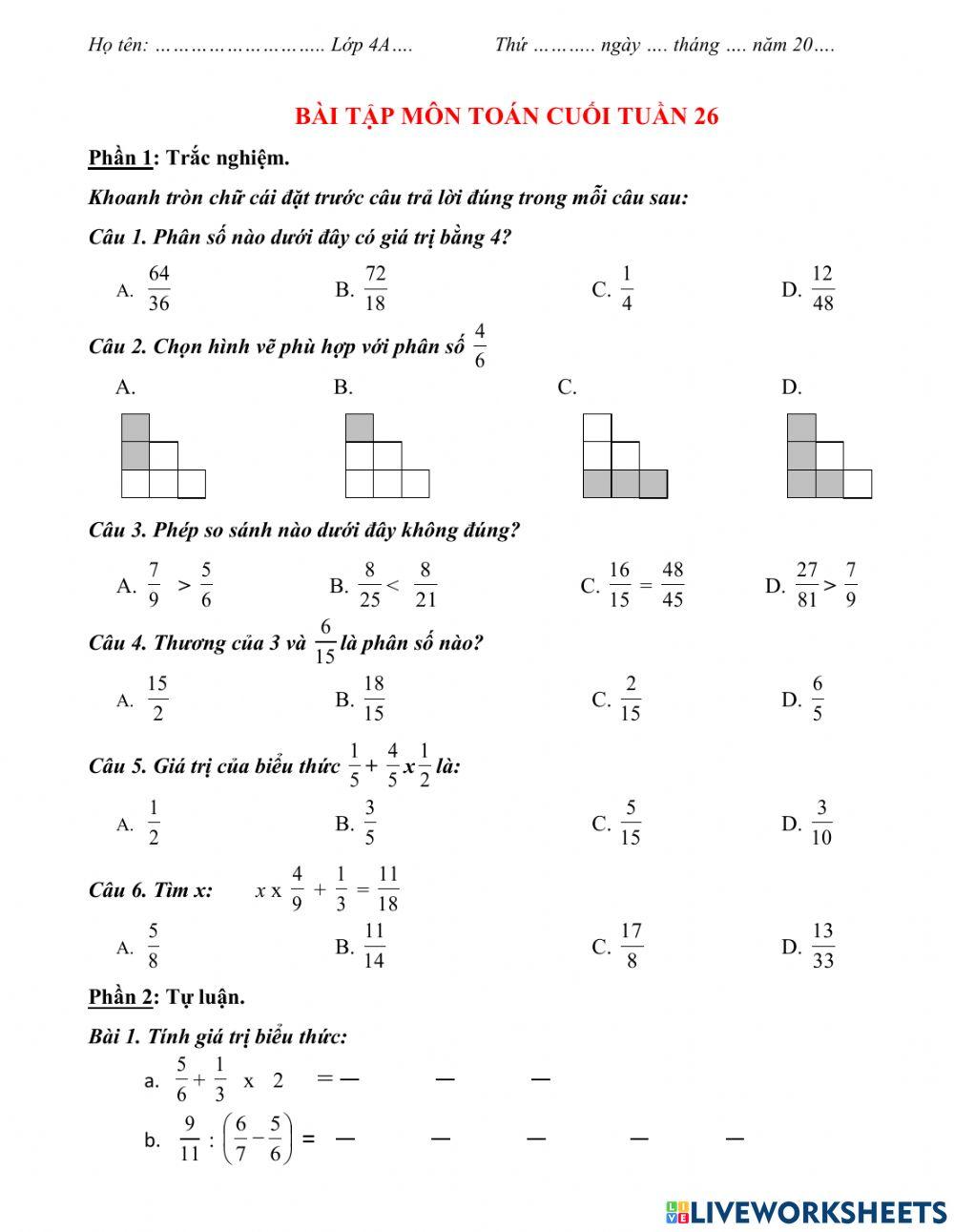 Luyện tập toán tuần 26