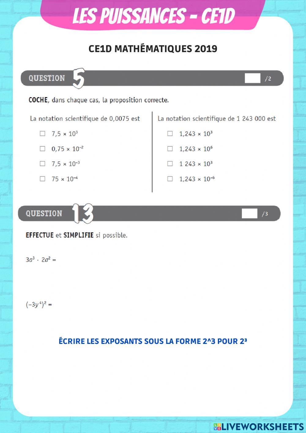 Questions du CE1D 2019-2020 sur les puissances