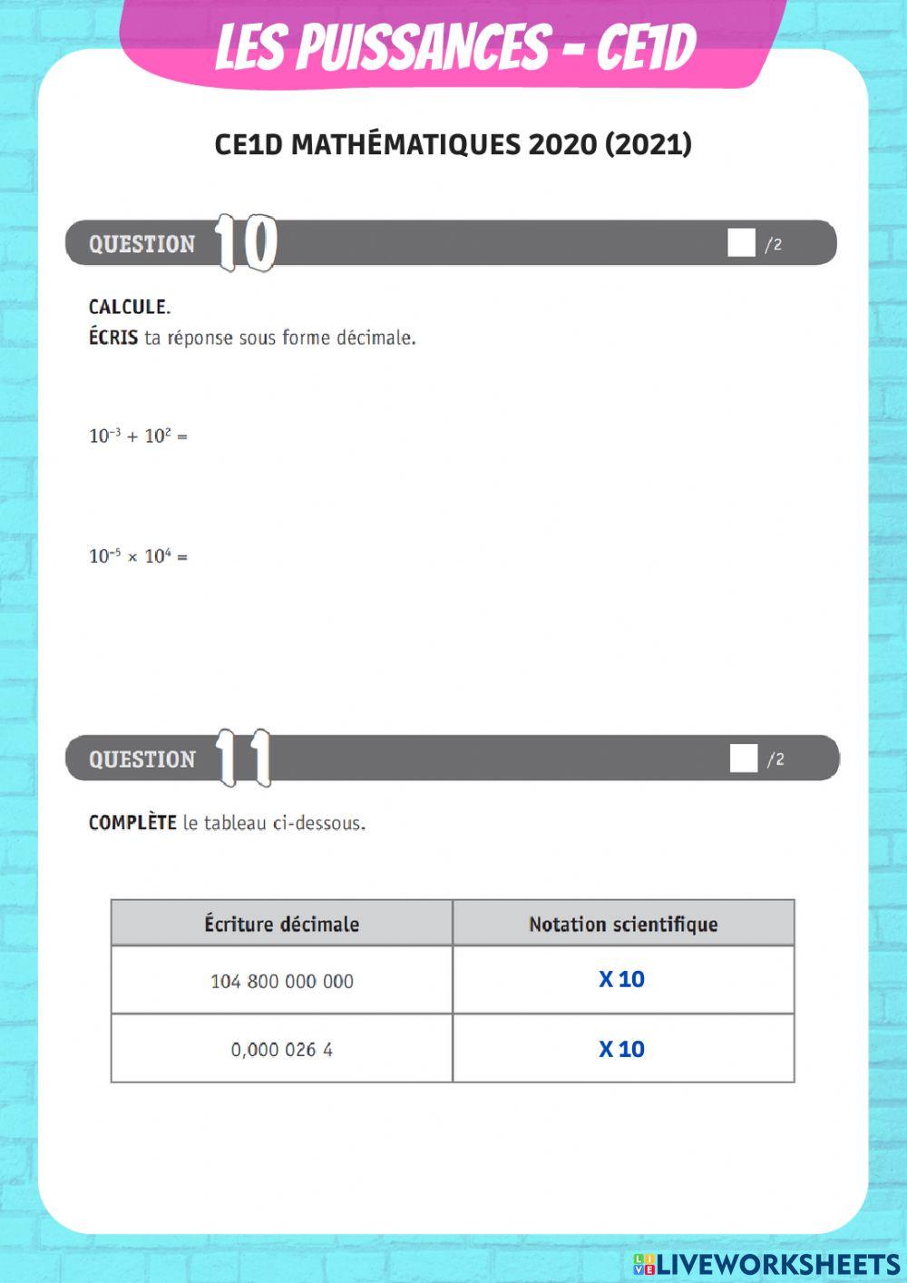Questions du CE1D 2019-2020 sur les puissances Questions du CE1D 2019-2020 sur les puissances
