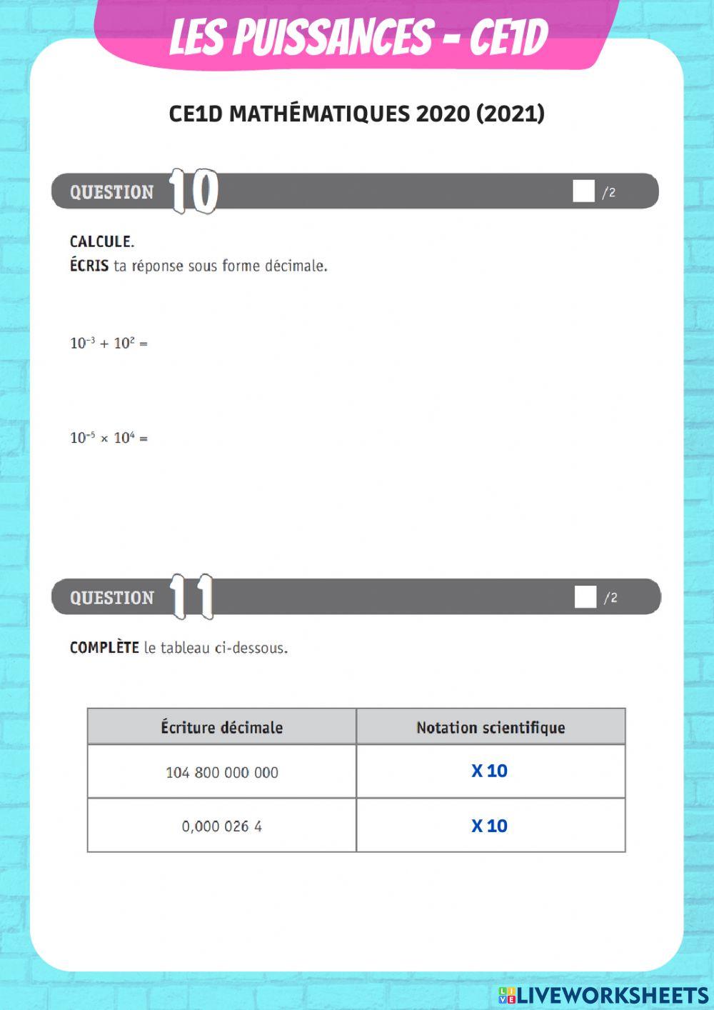 Questions du CE1D 2019-2020 sur les puissances