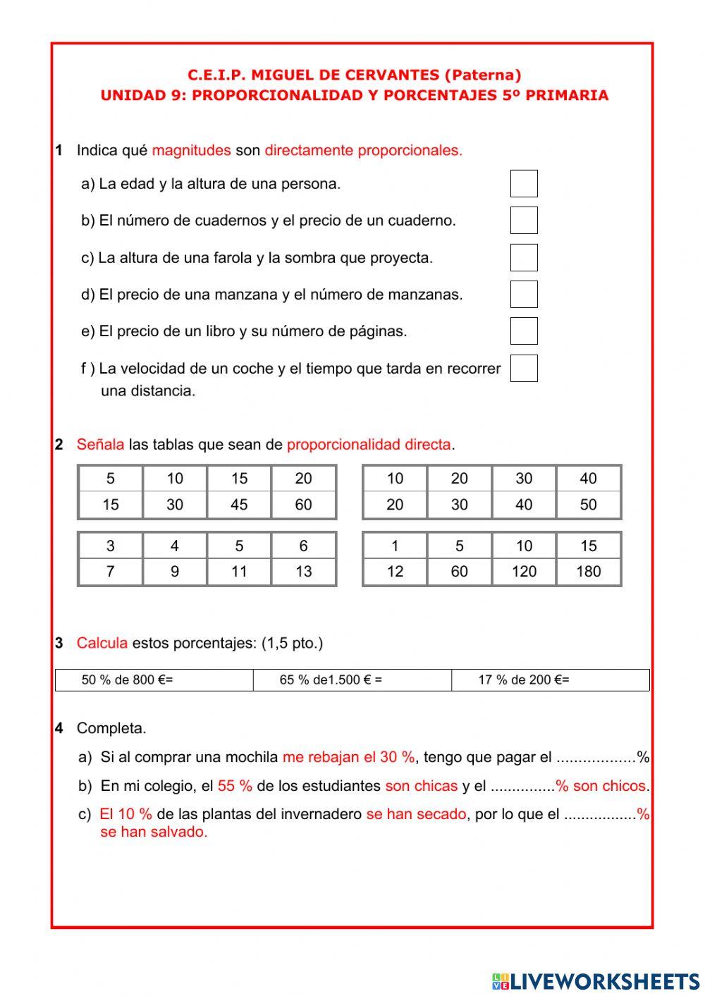 Proporcionalidad y porcentajes