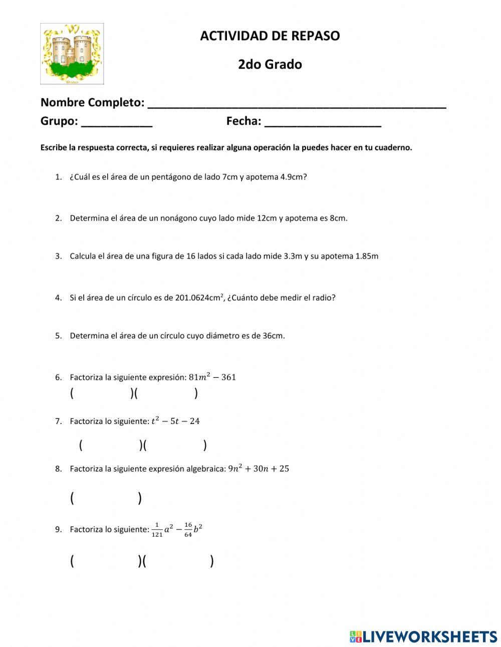 Actividad de Repaso 2 segundo grado