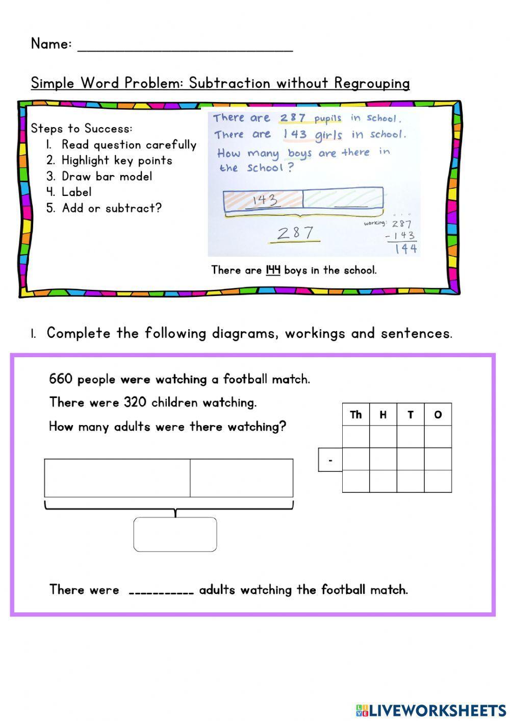 Simple Word Problem Subtraction Without Regrouping