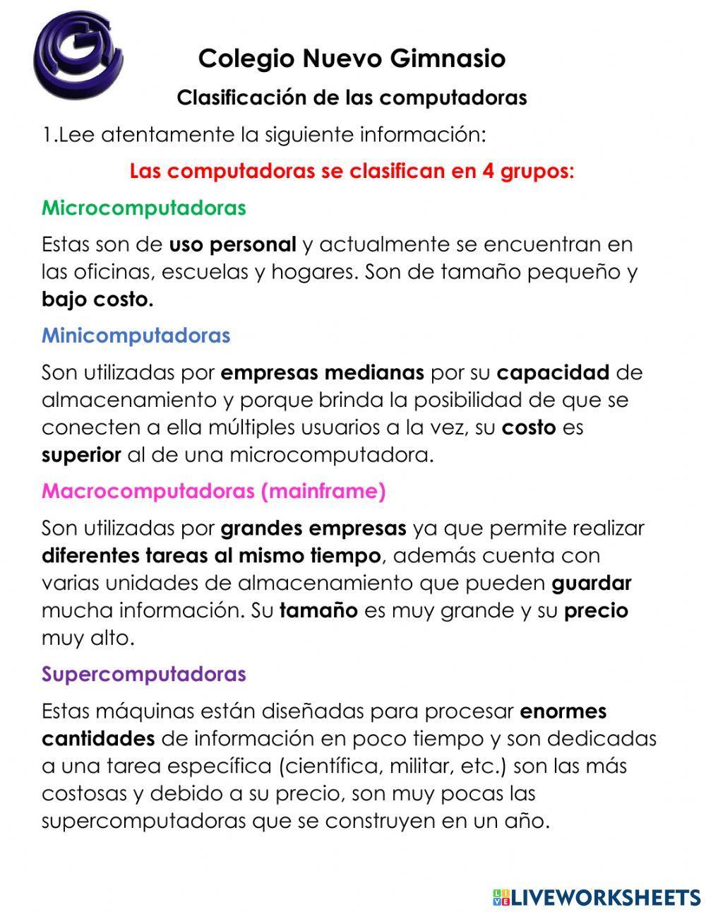 Clasificación de la cimputadora