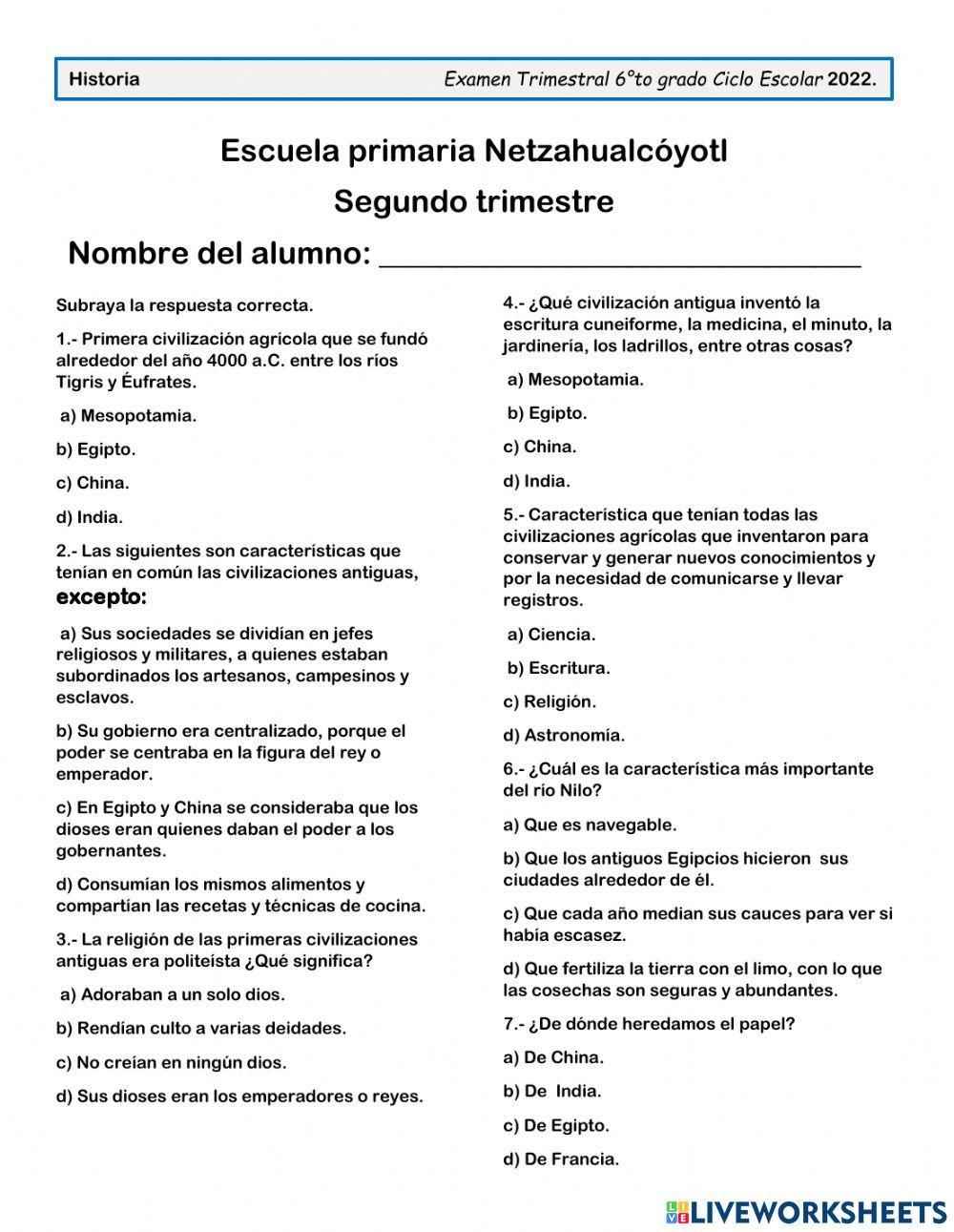 Examen trimestral de historia