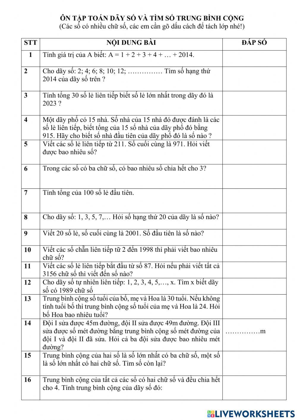 Đề ôn tập Toán dãy số + Tìm số TBC
