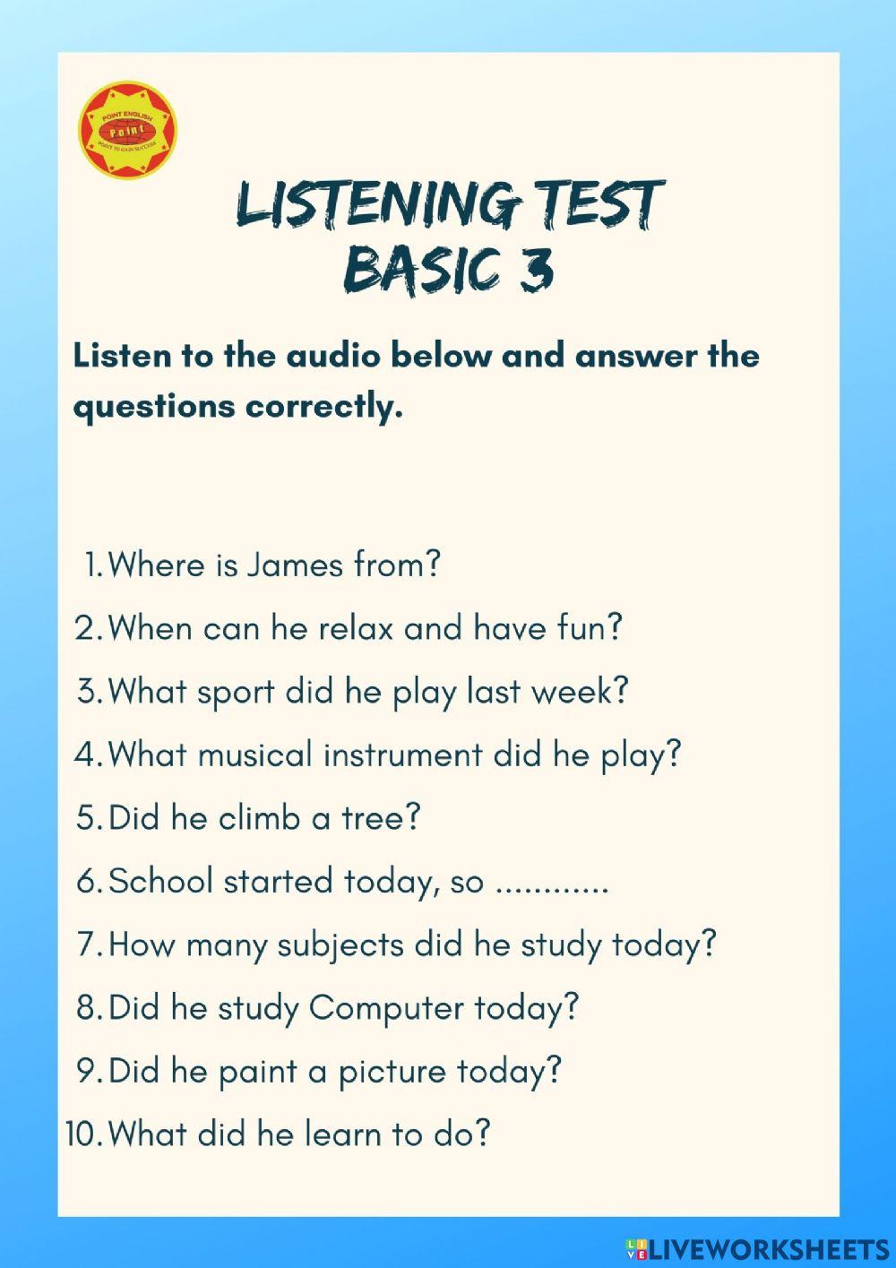Listening test Basic 3 worksheet | Live Worksheets